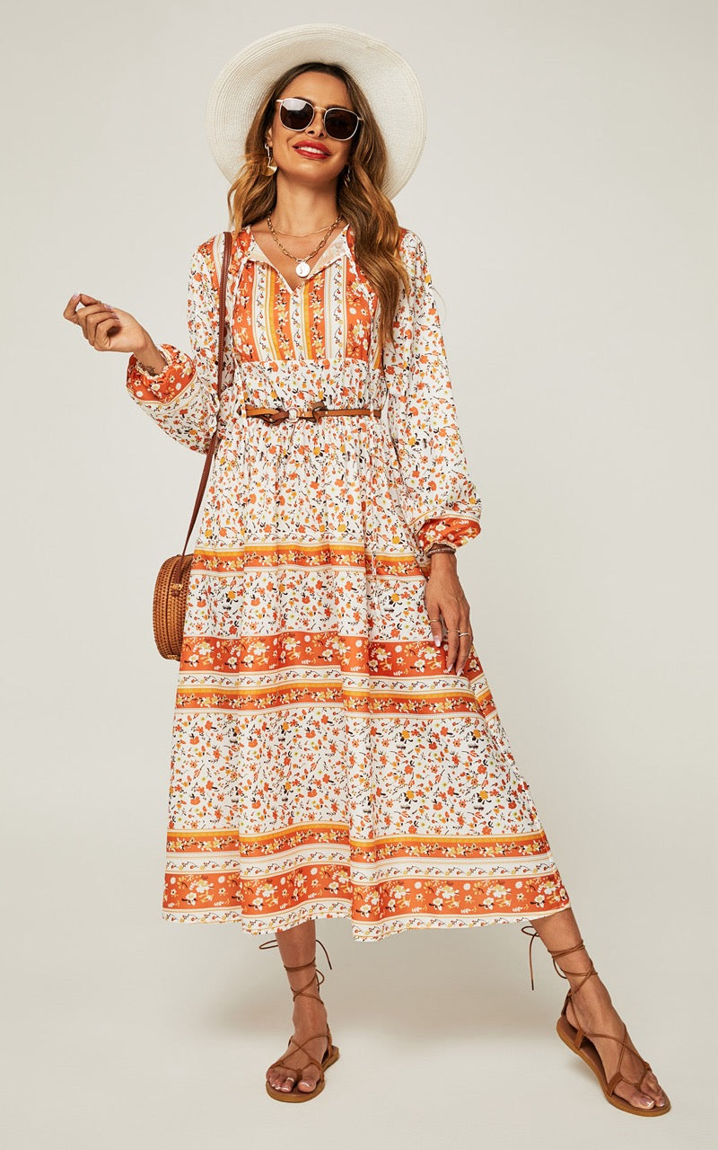Midi-jurk met bloemenprint in oranje